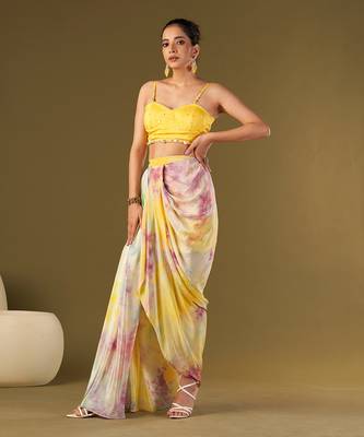 Yellow viscose crepe draped skirt set 3