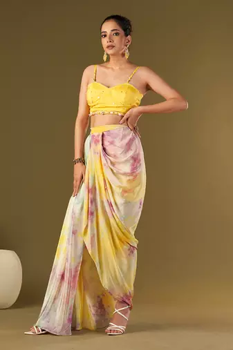 Yellow viscose crepe draped skirt set