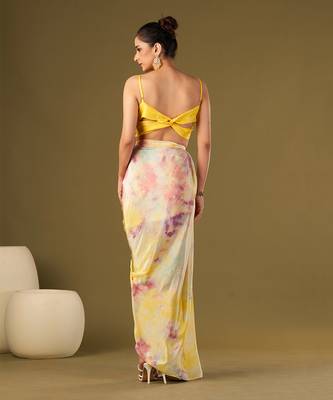 Yellow viscose crepe draped skirt set 4
