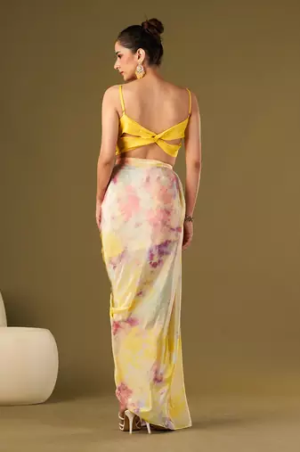Yellow viscose crepe draped skirt set