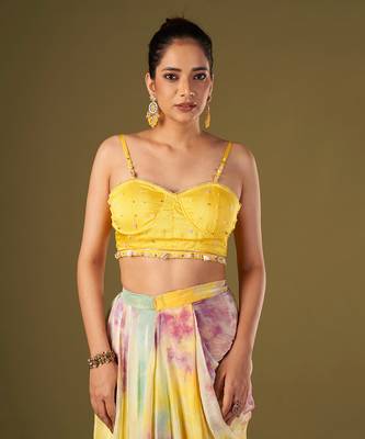 Yellow viscose crepe draped skirt set 5