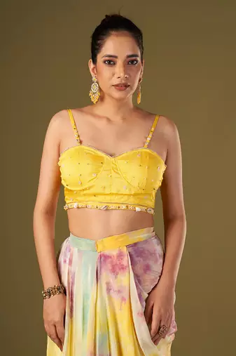 Yellow viscose crepe draped skirt set