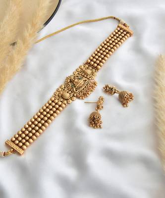 Gold tone temple choker necklace set 2