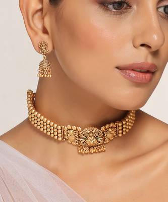 Gold tone temple choker necklace set 3