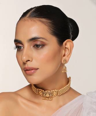 Gold tone temple choker necklace set 5