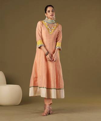 Peach tissue silk anarkali set 1