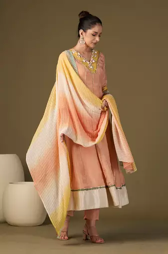 Peach tissue silk anarkali set
