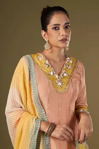 Peach tissue silk anarkali set