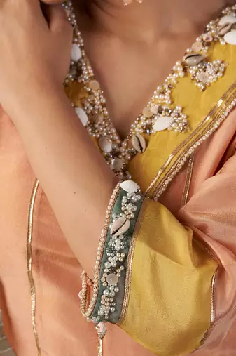 Peach tissue silk anarkali set