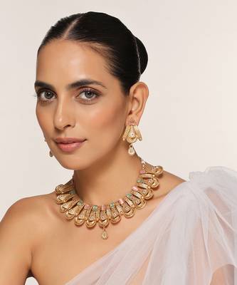 Mint and pink gold tone temple necklace set 1