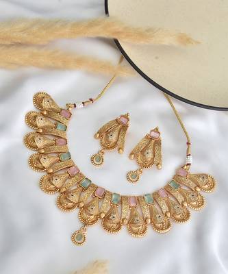 Mint and pink gold tone temple necklace set 2