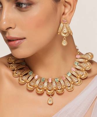 Mint and pink gold tone temple necklace set 3