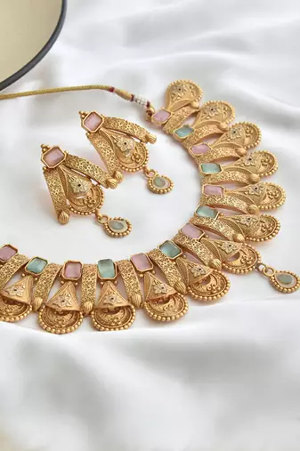 Mint and pink gold tone temple necklace set