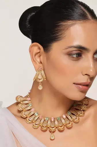 Mint and pink gold tone temple necklace set