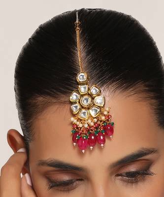 Multicolor gold tone kundan maang tikka 3
