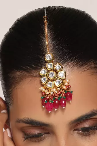 Multicolor gold tone kundan maang tikka