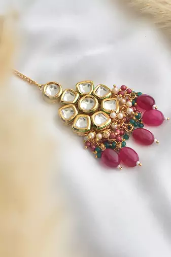Multicolor gold tone kundan maang tikka