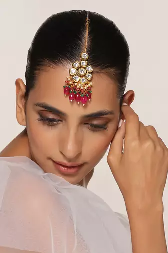 Multicolor gold tone kundan maang tikka