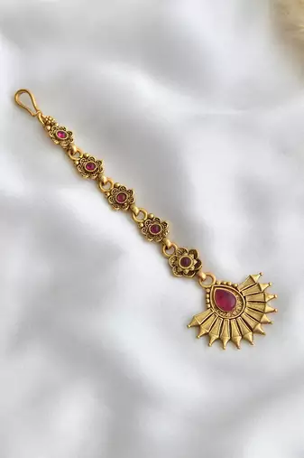 Red & gold tone temple maang tikka