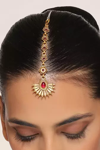 Red & gold tone temple maang tikka