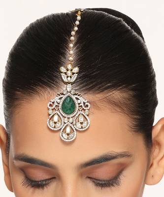 Green silver tone polki maang tikka 3