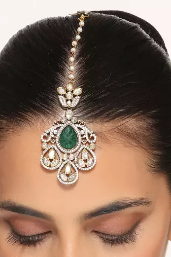 Green silver tone polki maang tikka
