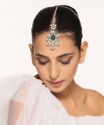 Green silver tone polki maang tikka 5