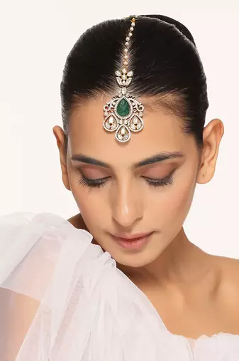 Green silver tone polki maang tikka
