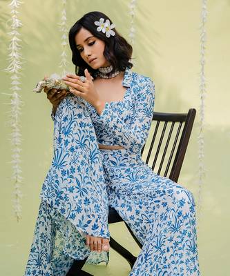Teal blue floral printed co ord set 4