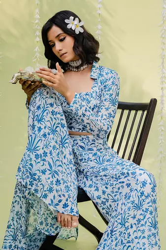 Teal blue floral printed co ord set