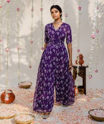 Purple printed embroidered jumpsuit 1