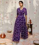 Purple printed embroidered jumpsuit
