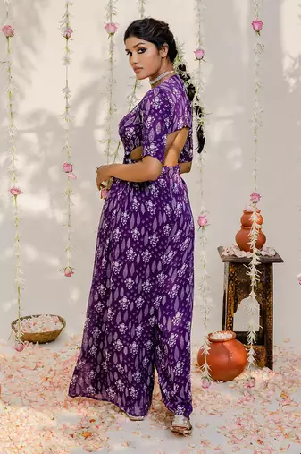 Purple printed embroidered jumpsuit