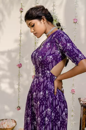 Purple printed embroidered jumpsuit