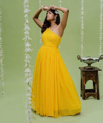 Sunny yellow printed embroidered gown 1