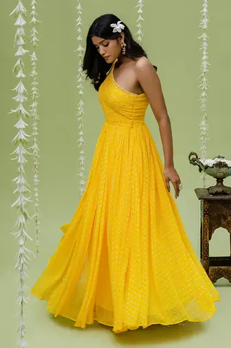 Sunny yellow printed embroidered gown