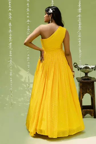 Sunny yellow printed embroidered gown