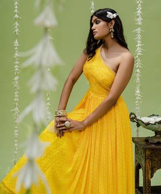 Sunny yellow printed embroidered gown 4