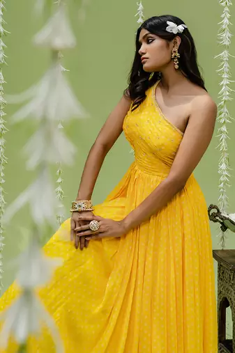 Sunny yellow printed embroidered gown