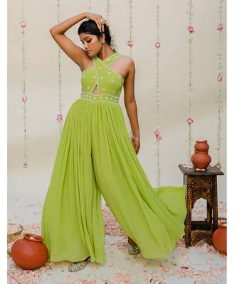 Green pleated embroidered jumpsuit 1