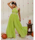 Green pleated embroidered jumpsuit