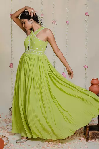 Green pleated embroidered jumpsuit