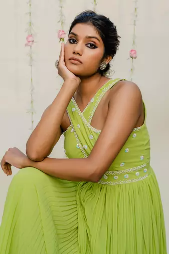 Green pleated embroidered jumpsuit