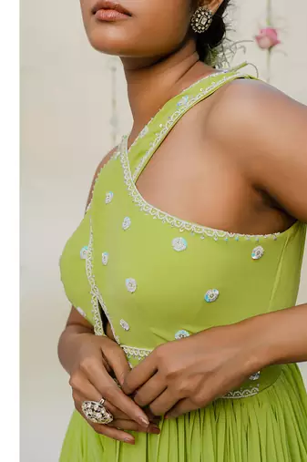 Green pleated embroidered jumpsuit