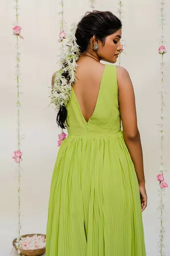 Green pleated embroidered jumpsuit