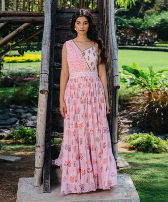 Blush pink floral printed embroidered gown 1