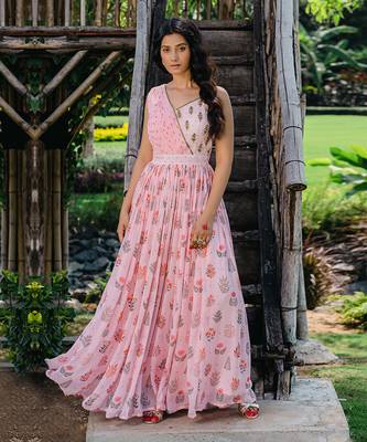 Blush pink floral printed embroidered gown 2