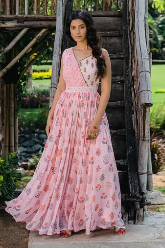 Blush pink floral printed embroidered gown