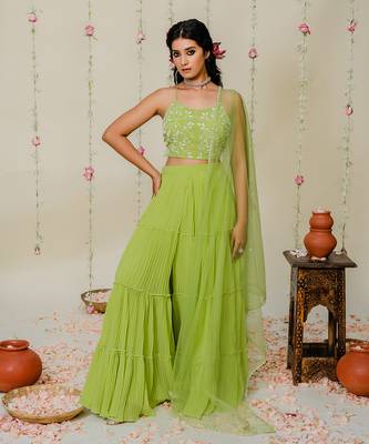 Green pleated embroidered sharara set 1