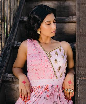 Blush pink floral printed embroidered gown 3